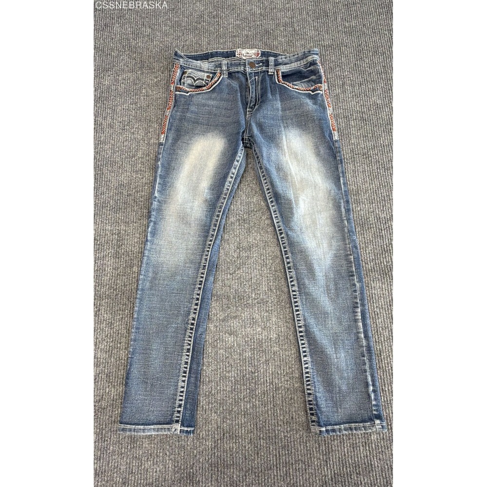 Monarchy Collection Men's Aztec Embroidered Side Stripe Jeans Blue Wash Size 34